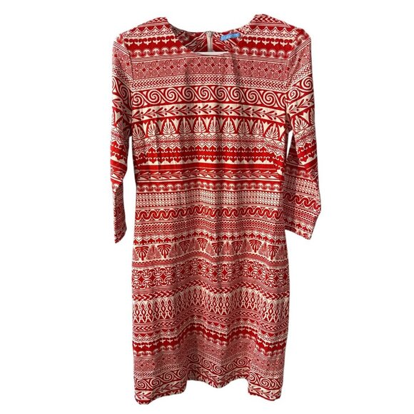 J. McLaughlin Red & White Tribal Print Dress With 3/4 Sleeves M, Pre-Owned EUC - Picture 1 of 8